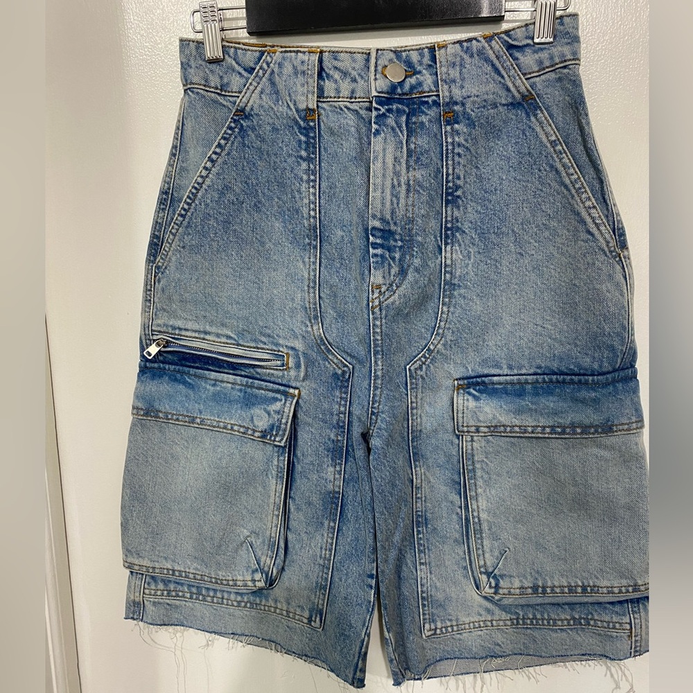 ZARA- Denim Utility Cargo Shorts - Light Blue